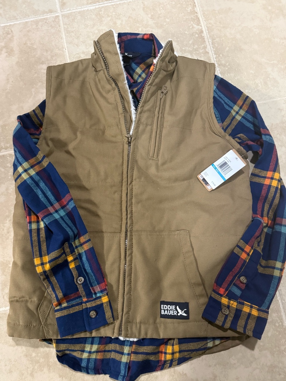 2 Piece - Boys BNWT Eddie Bauer Tan Sherpa-Lined Utility Vest and Flannel Shirt